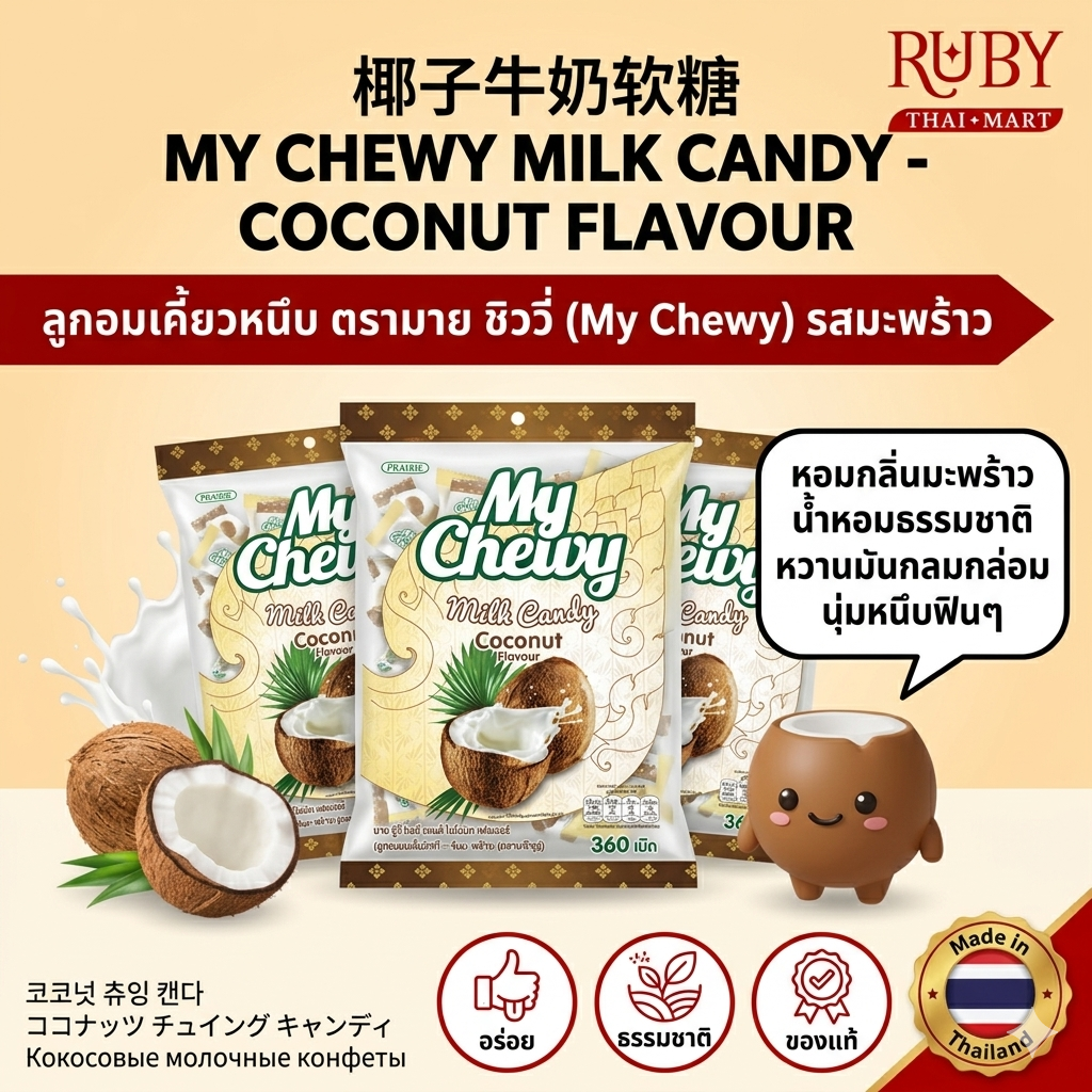 🔥 ลูกอมเคี้ยวหนึบ ตรามาย ชิววี่ (My Chewy) รสมะพร้าว หอมกลิ่นมะพร้าวน้ำหอมธรรมชาติ หวานมันกลมกล่อม นุ่มหนึบฟินๆ! 🔥