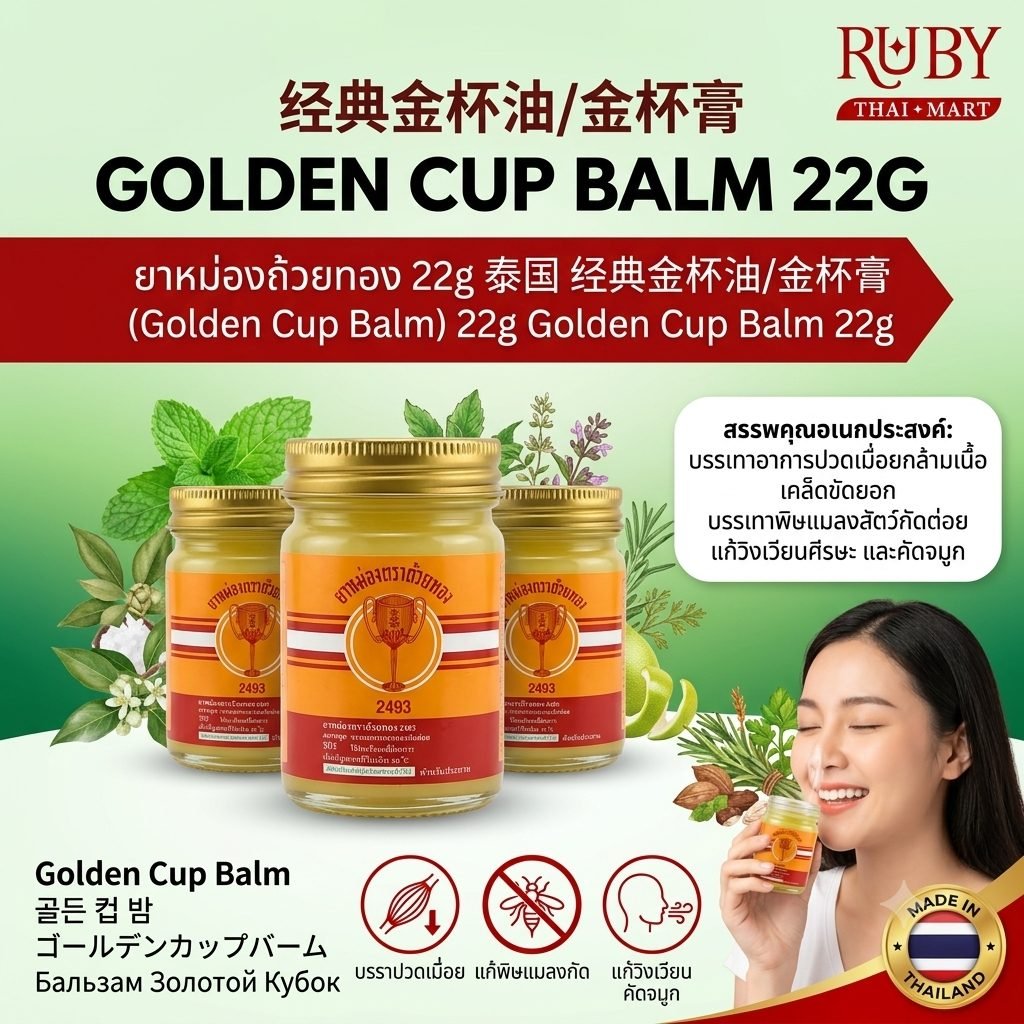 🔥 ยาหม่องตราถ้วยทอง (Golden Cup Balm) 22g - ยาหม่องสารพัดประโยชน์ แก้ปวดเมื่อย แมลงสัตว์กัดต่อย วิงเวียน! 🔥