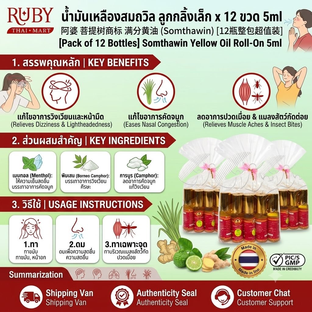 🔥 [ยกแพ็ค 12 ขวด] น้ำมันเหลืองสมถวิล ตราต้นโพธิ์ หัวลูกกลิ้ง 5ml - แพ็คสุดคุ้ม ของฝากยอดฮิต หอมเย็นสดชื่น! 🔥