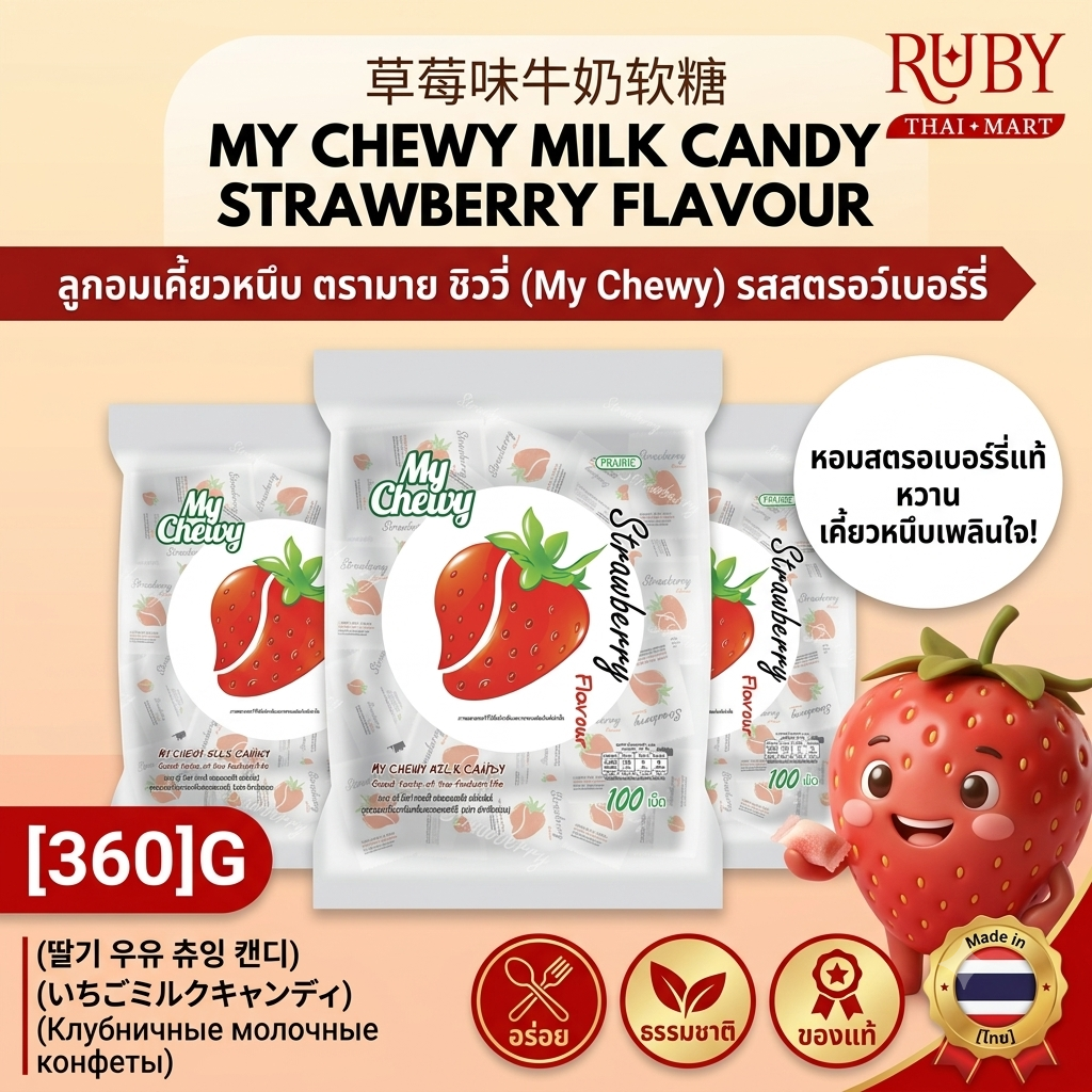 🔥 ลูกอมเคี้ยวหนึบ ตรามาย ชิววี่ (My Chewy) รสสตรอเบอร์รี่ หอมหวานอมเปรี้ยวละมุน นมชมพูสุดฟิน เคี้ยวหนึบหนับโดนใจ! 🔥