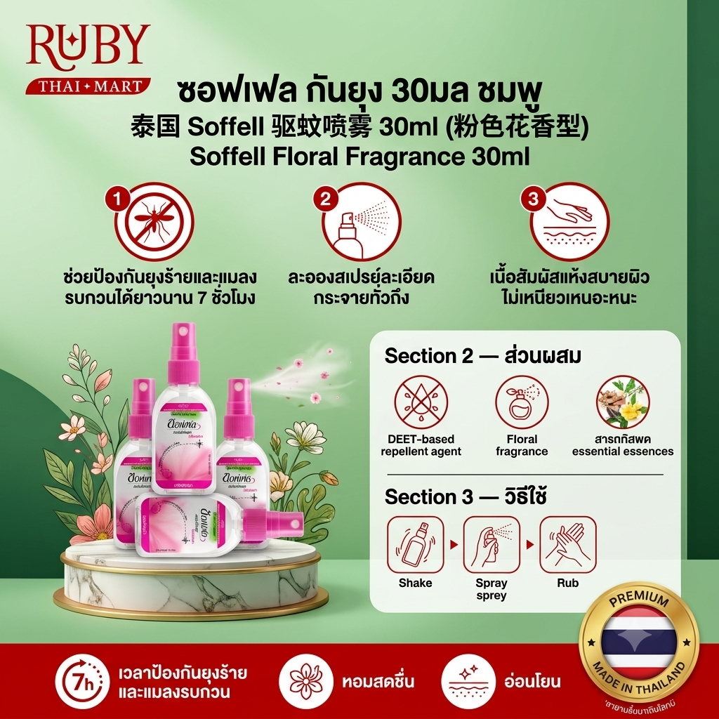 🔥 ซอฟเฟล สเปรย์กันยุง กลิ่นฟลอร่า สีชมพู 30ml - ขนาดพกพาสะดวก เนื้อบางเบา ปกป้องยุงร้ายยาวนาน 7 ชั่วโมง! 🔥