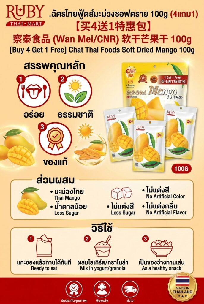 🔥 [แพ็คสุดคุ้ม 4แถม1] มะม่วงซอฟดราย ตราฉัตรไทยฟู้ดส์ 100g (CNR/Wan Mei) - เนื้อนุ่มฉ่ำ เคี้ยวหนึบ ไม่แห้งแข็ง! 🔥