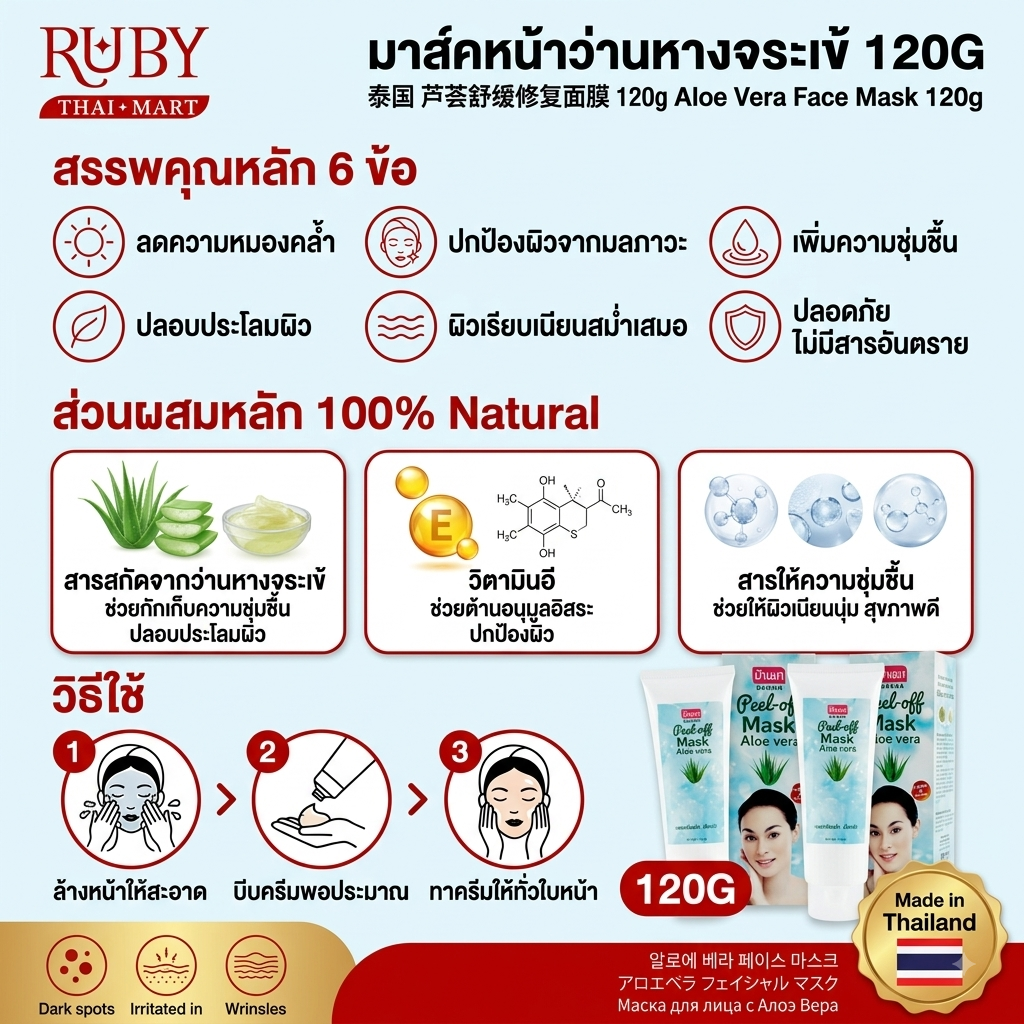 🔥 ครีมมาสก์หน้าสูตรว่านหางจระเข้ (Aloe Vera Face Mask) 120g - ปลอบประโลมผิวไหม้แดด เติมความชุ่มชื้นขั้นสุด! 🔥