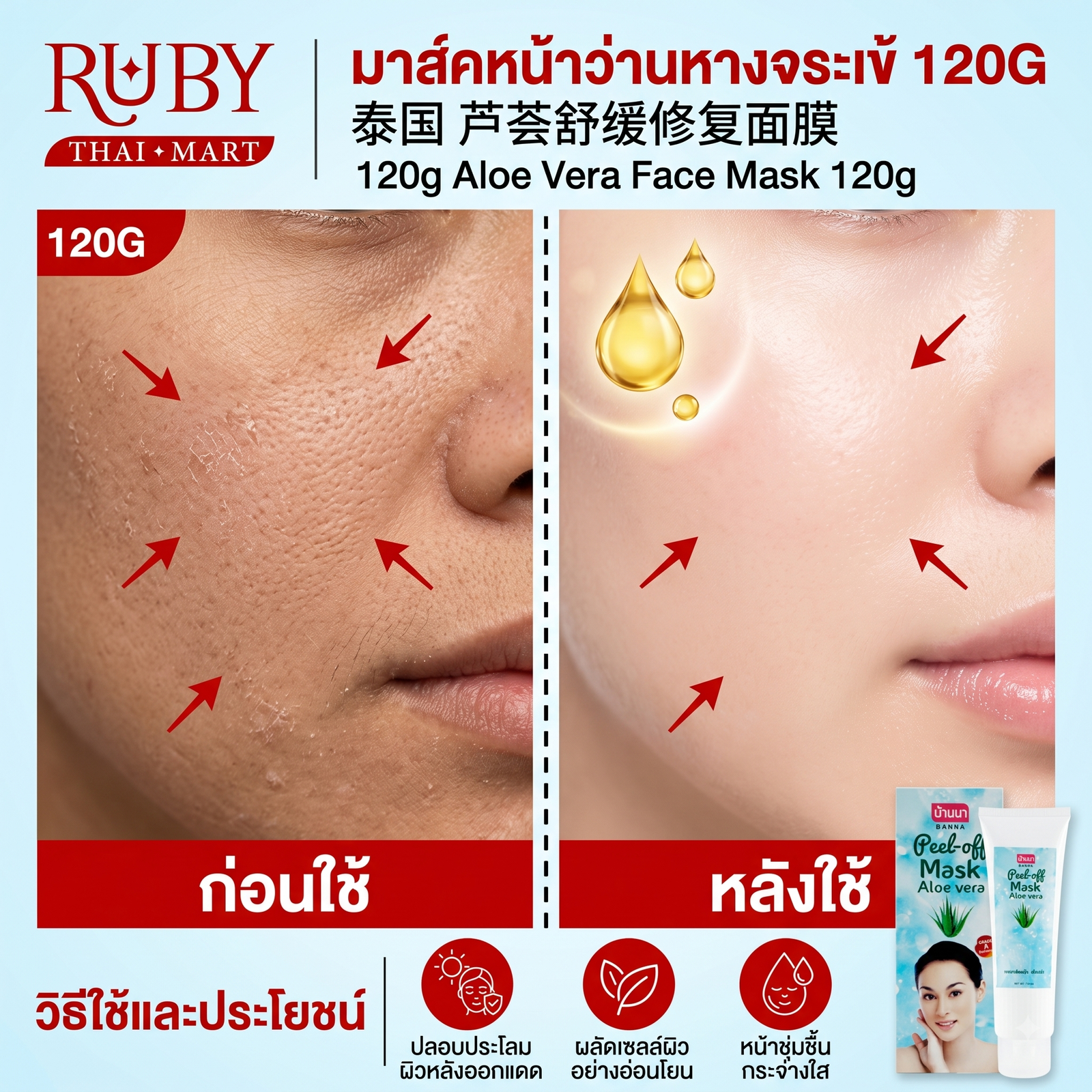 🔥 ครีมมาสก์หน้าสูตรว่านหางจระเข้ (Aloe Vera Face Mask) 120g - ปลอบประโลมผิวไหม้แดด เติมความชุ่มชื้นขั้นสุด! 🔥 - Image 3