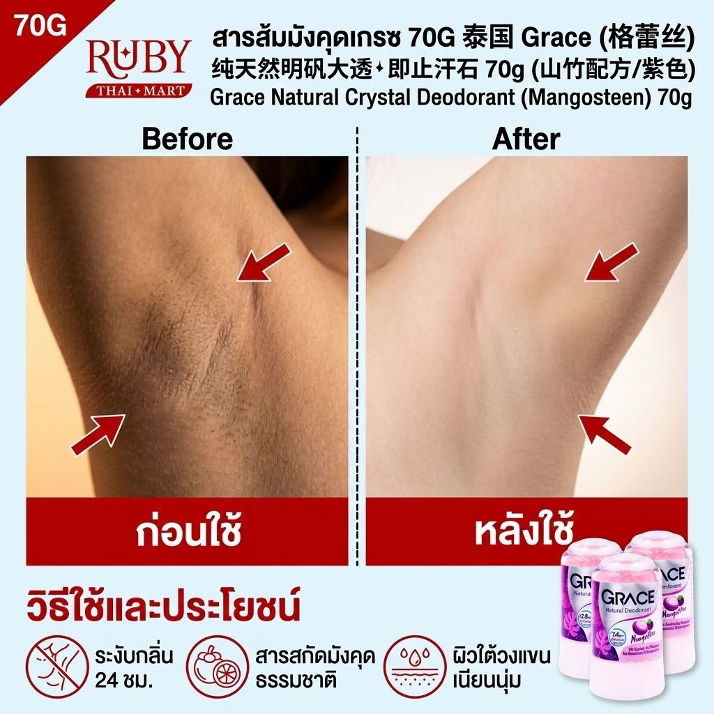 🔥 โรลออนสารส้มธรรมชาติ เกรซ (Grace Crystal Deodorant) สูตรมังคุด 70g - ระงับกลิ่นกาย ลดหนังไก่ กระชับรูขุมขน! 🔥 - Image 2