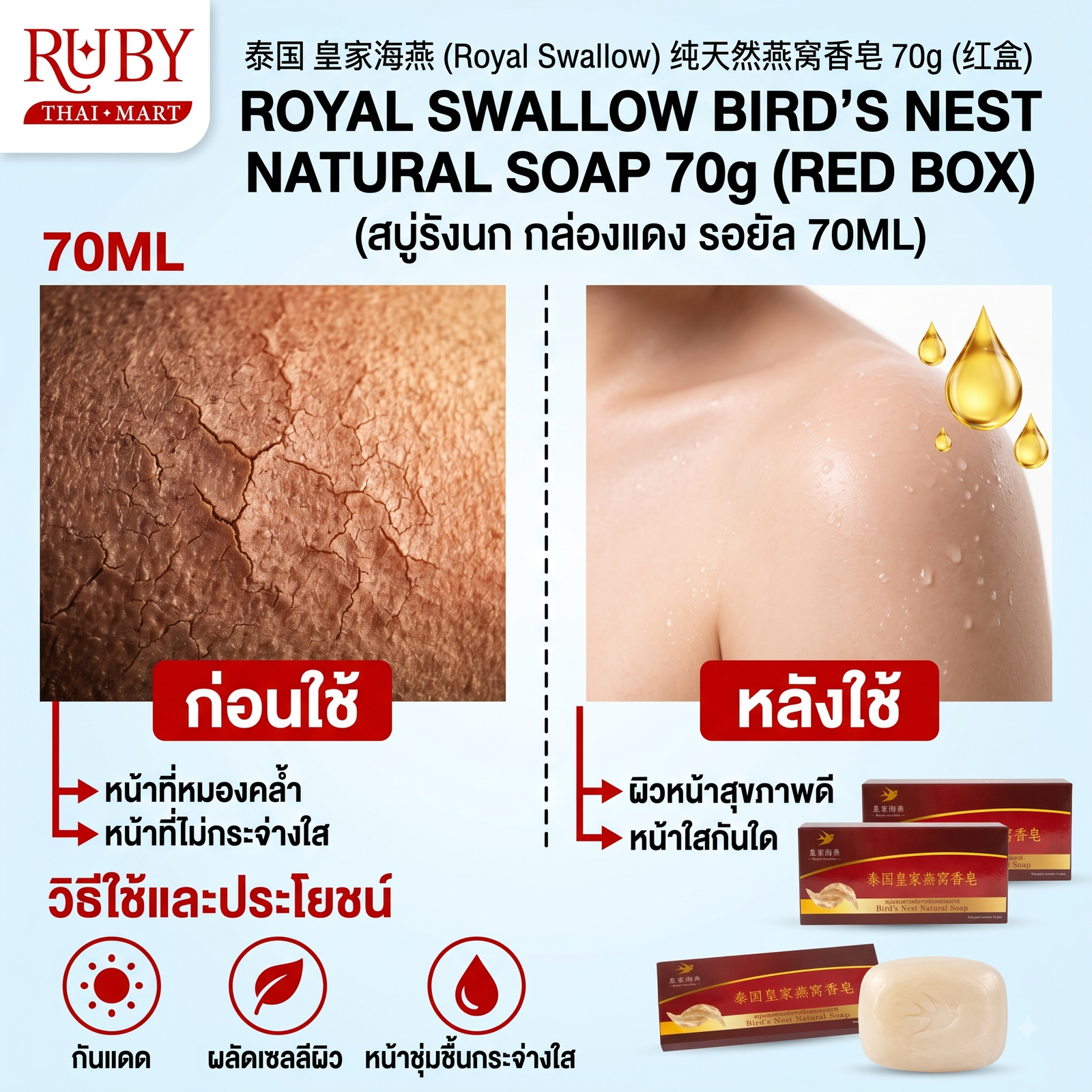 🔥 สบู่รังนกธรรมชาติ รอยัล สวอลโล่ กล่องแดง (Royal Swallow Bird's Nest Natural Soap) 70g - สูตรพรีเมียม บำรุงผิวพรรณเนียนนุ่ม! 🔥 - Image 3
