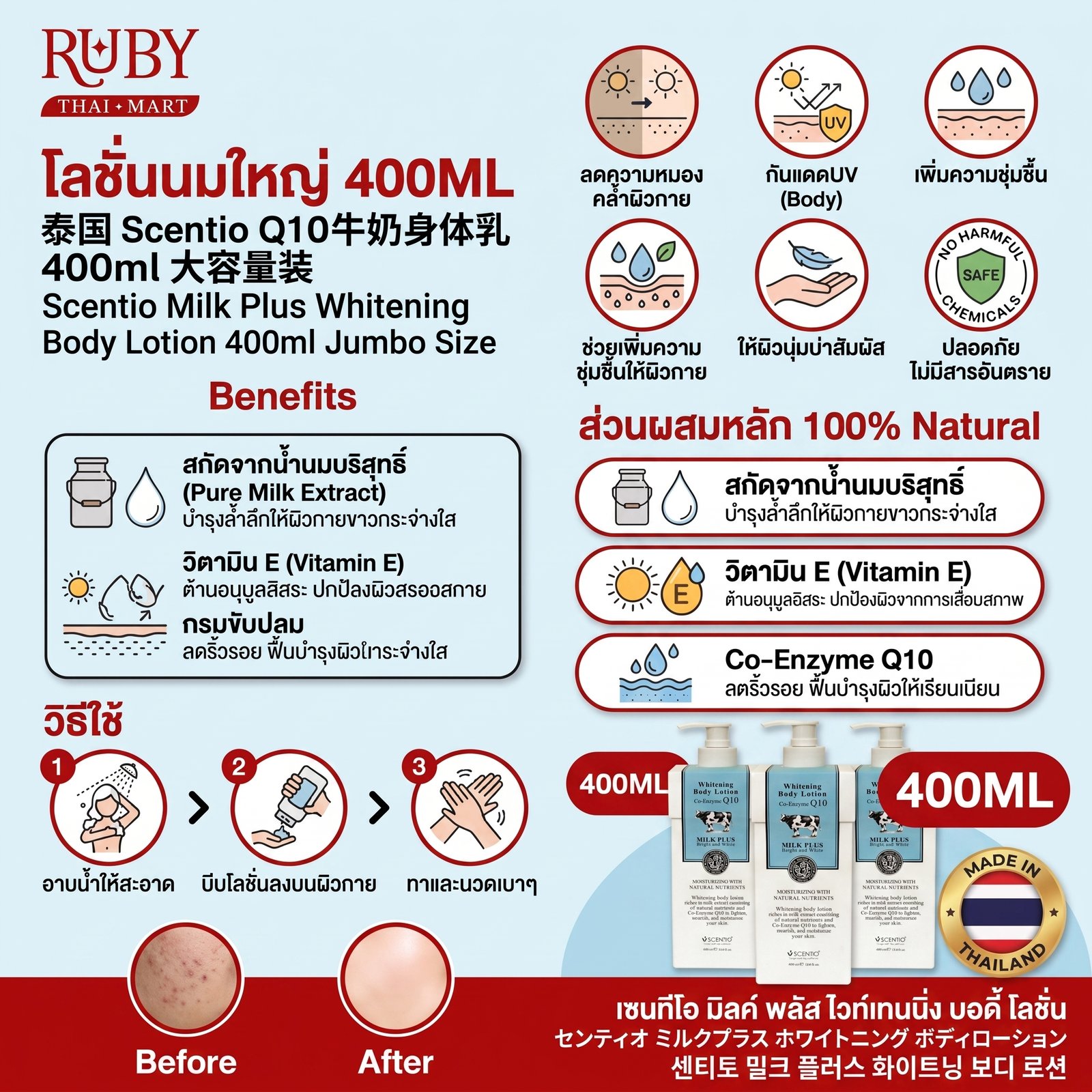 🔥 โลชั่นน้ำนมบำรุงผิว (Milk Plus Body Lotion) ขวดใหญ่ 400ml - หอมกลิ่นนม ผิวขาวกระจ่างใส เนียนนุ่มชุ่มชื้นตลอดวัน! 🔥 - Image 2