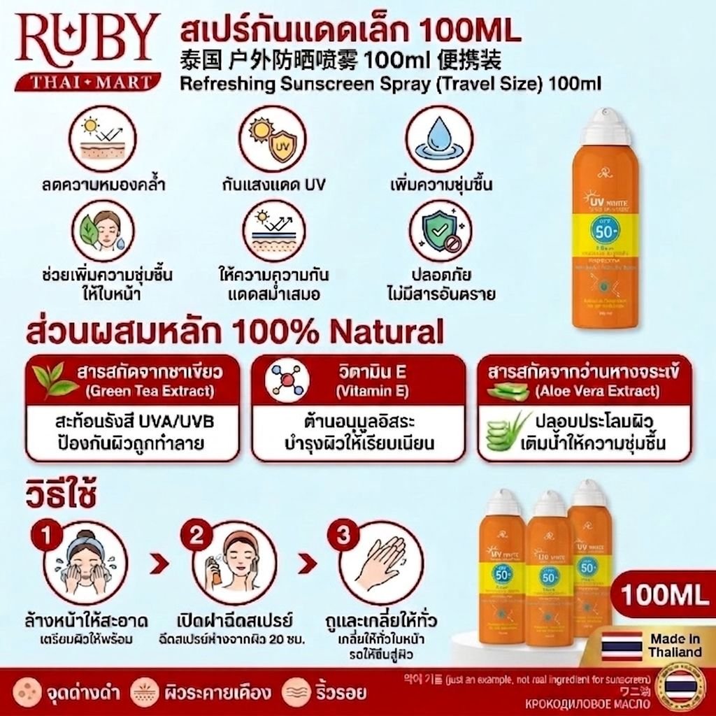 🔥 สเปรย์กันแดด (UV Protection Sunscreen Spray) ไซส์พกพา 100ml - ฉีดทับเมคอัพได้ ปกป้องผิวจากแสงแดด ไม่เหนอะหนะ! 🔥 - Image 2