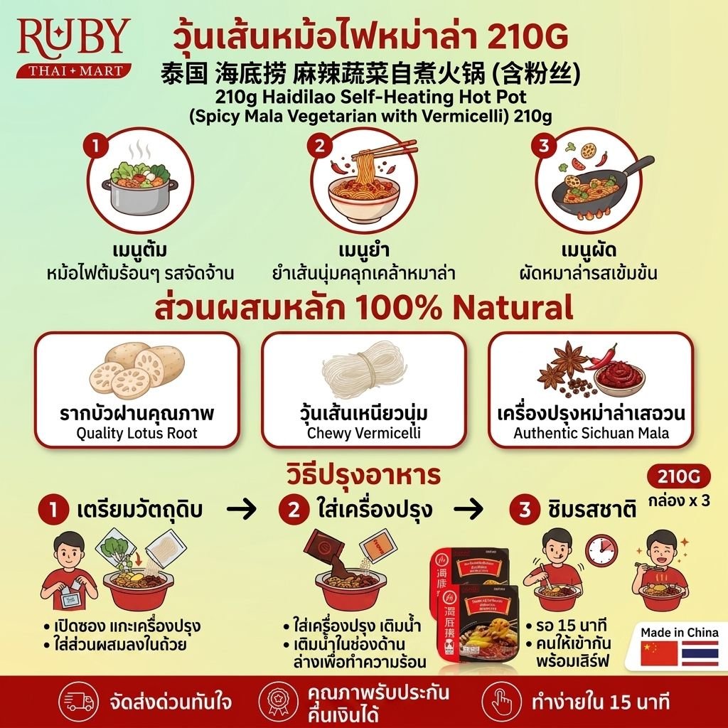 🔥 หม้อไฟสุกเองได้ ไห่ตี่เลา (Haidilao) รสหม่าล่าและผักดอง (วุ้นเส้น) 210g - ซุปหม่าล่าเผ็ดชา สไตล์มังสวิรัติ! 🔥 - Image 2