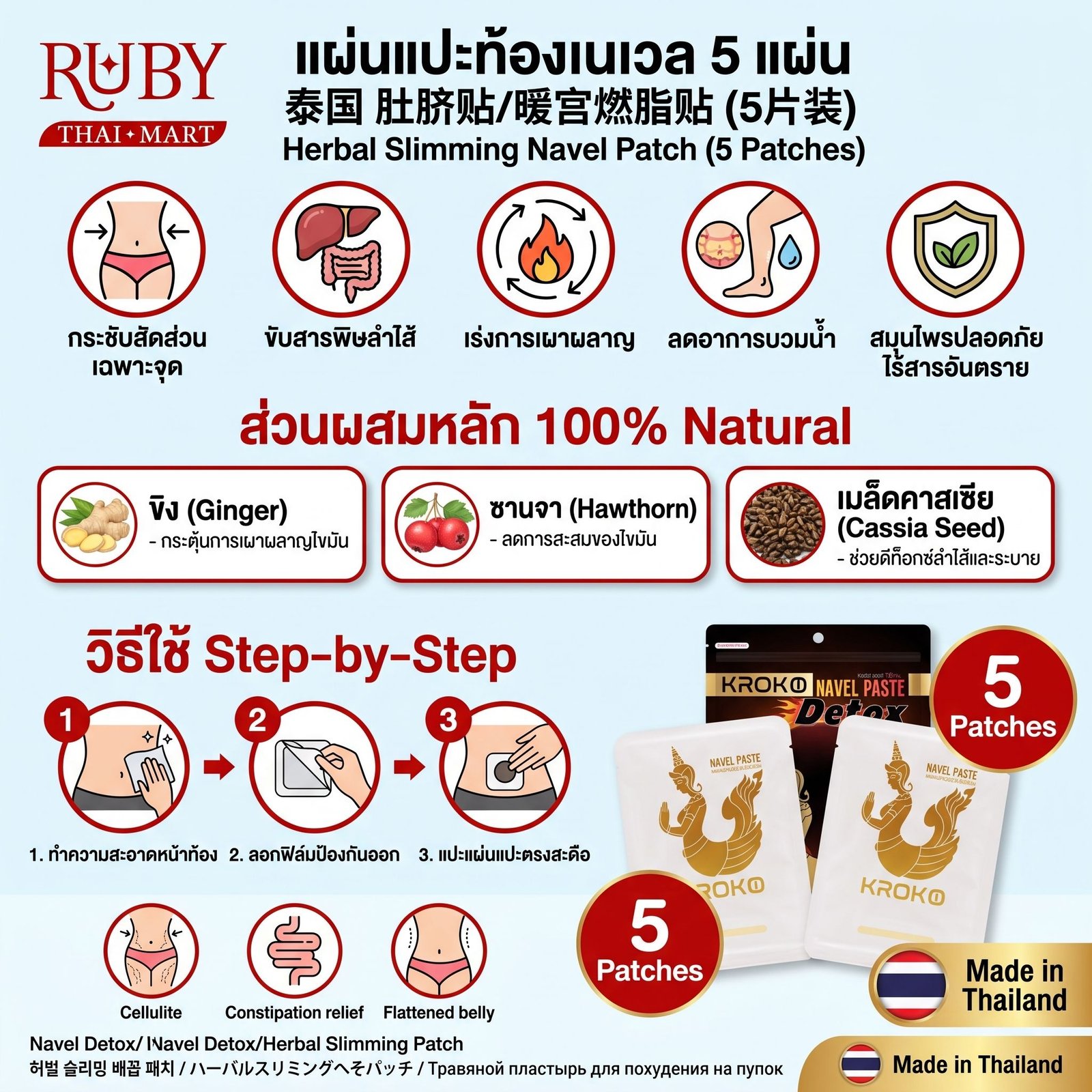 🔥 แผ่นแปะสะดือสมุนไพร (Navel Slimming Patch) กล่อง 5 แผ่น - สลายไขมัน กระตุ้นระบบเผาผลาญ ดีท็อกซ์พุงยุบ! 🔥 - Image 2