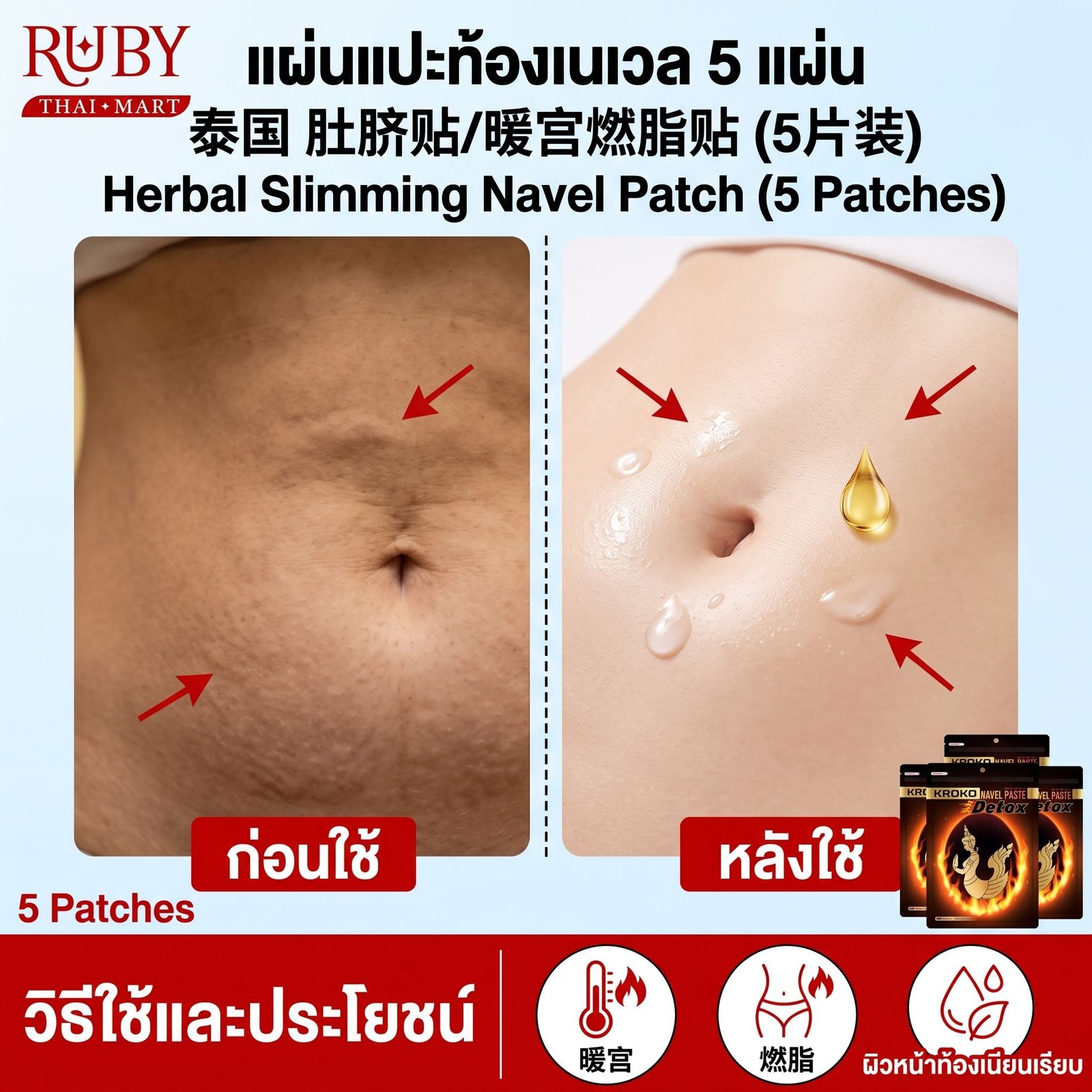 🔥 แผ่นแปะสะดือสมุนไพร (Navel Slimming Patch) กล่อง 5 แผ่น - สลายไขมัน กระตุ้นระบบเผาผลาญ ดีท็อกซ์พุงยุบ! 🔥 - Image 3