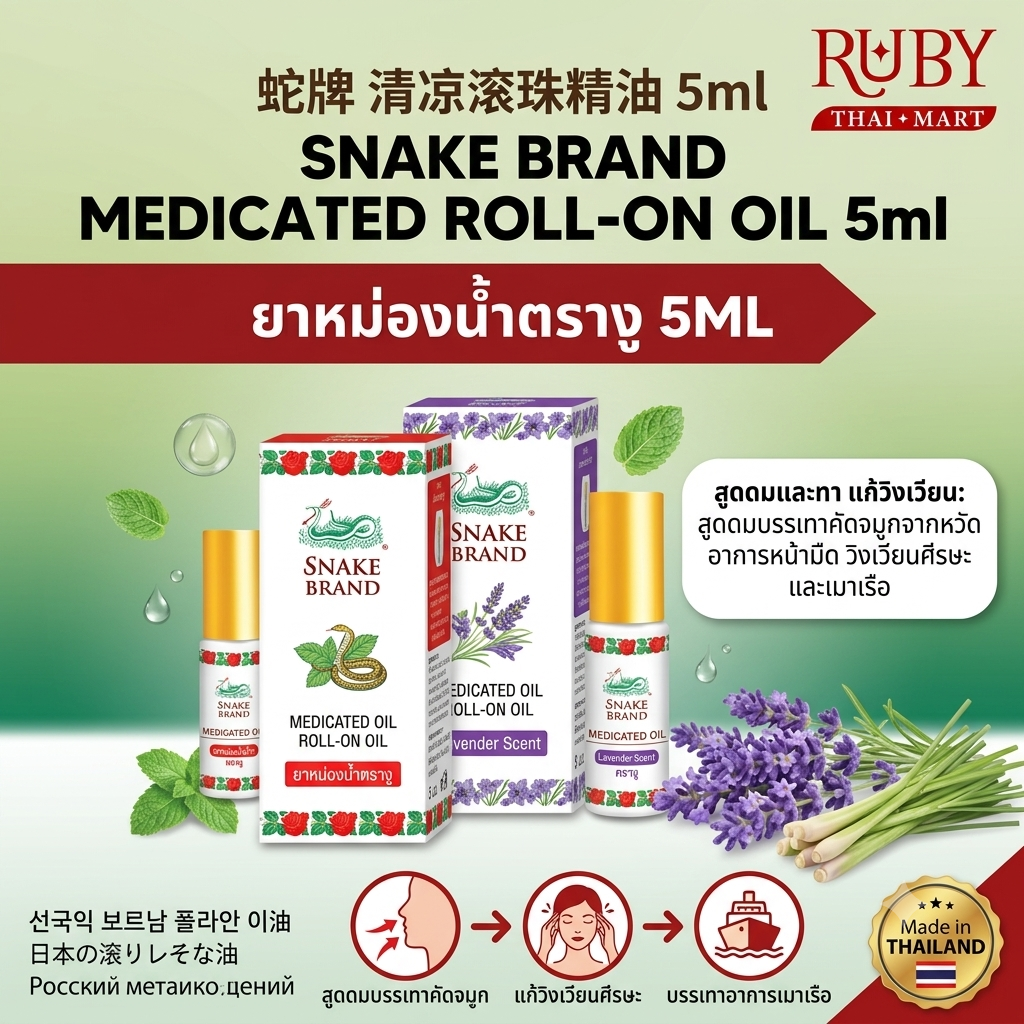 🔥 ยาหม่องน้ำ ตรางู (Snake Brand Medicated Oil) 5ml - หัวลูกกลิ้ง พกพาง่าย แก้วิงเวียน คัดจมูก! 🔥