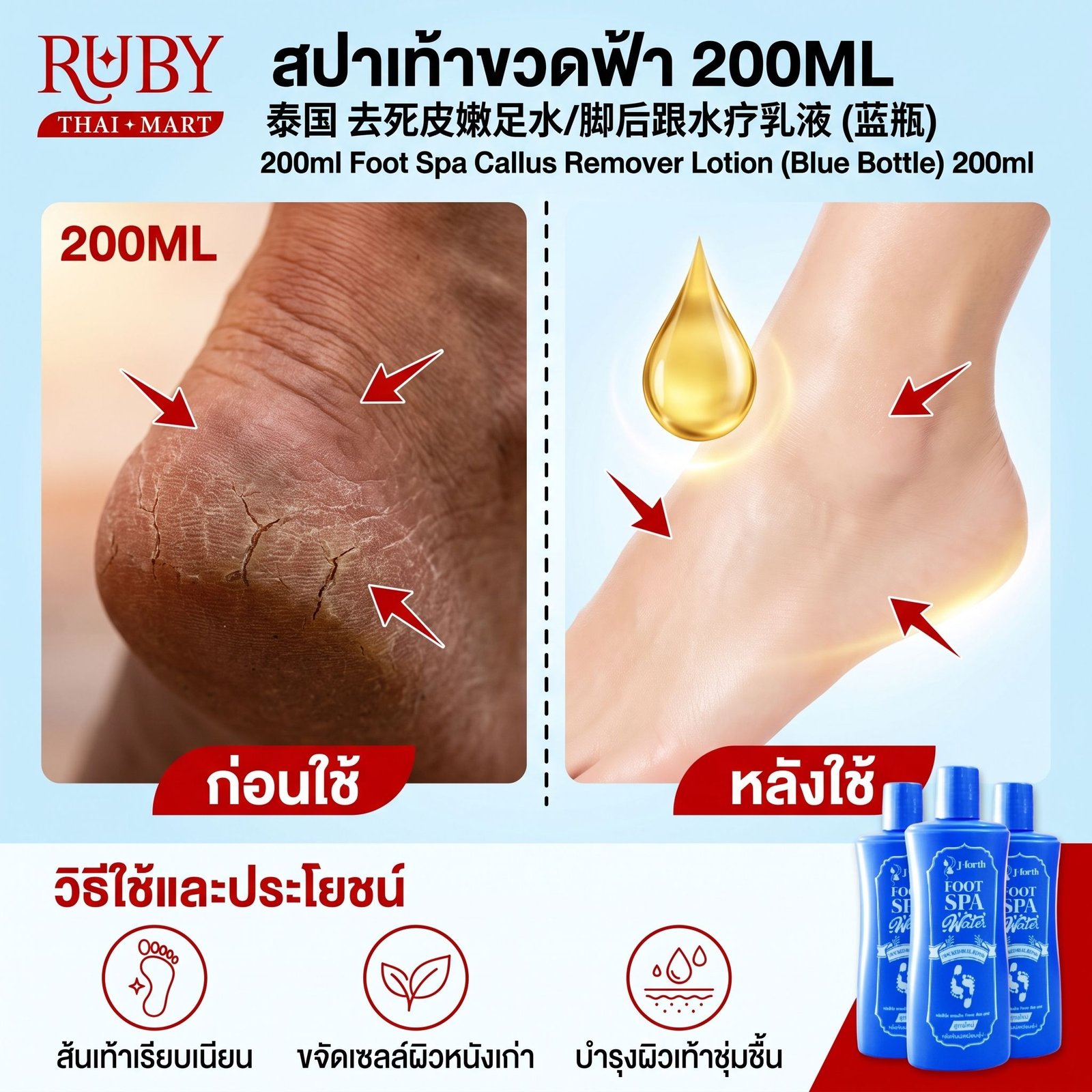 🔥 โลชั่นสปาเท้าแตก (Foot Spa Lotion) ขวดสีฟ้า 200ml - ลอกเซลล์ผิวตายด้าน เปลี่ยนส้นเท้าแตกเป็นส้นเท้าเด็ก! 🔥 - Image 3