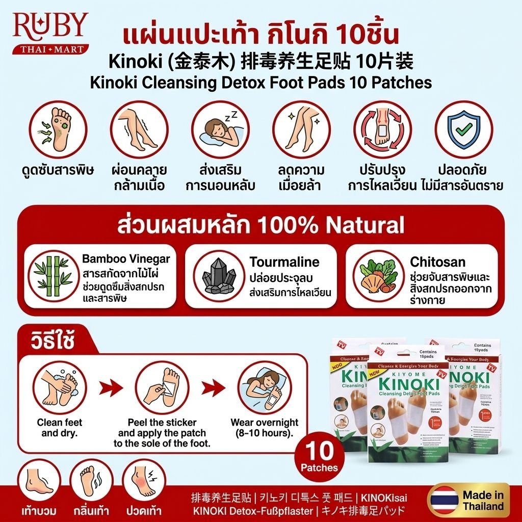 🔥 แผ่นแปะเท้า กิโนกิ (Kinoki Cleansing Detox Foot Pads) 10 ชิ้น - ดีท็อกซ์ฝ่าเท้า ดูดซับสารพิษ คลายความเมื่อยล้า! 🔥 - Image 2