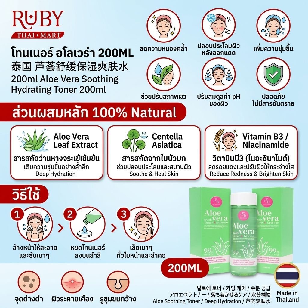 🔥 โทนเนอร์ว่านหางจระเข้ (Aloe Vera Soothing Toner) 200ml - เช็ดทำความสะอาดล้ำลึก รูขุมขนกระชับ ผิวหน้าชุ่มชื้น! 🔥 - Image 3
