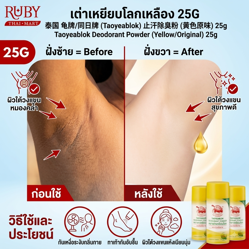 🔥 ผงระงับกลิ่นกาย ตราเต่าเหยียบโลก (Taoyeablok Deodorant Powder) ขวดเหลือง 25g - ระงับกลิ่นเต่า แห้งสบาย 100%! 🔥