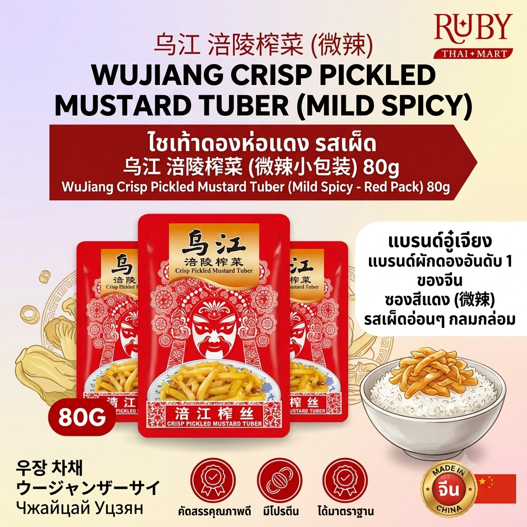 🔥 หัวไชเท้าดอง (จ้าไช่) ตรา อู๋เจียง (WuJiang) รสเผ็ดน้อย (ห่อแดง) 80g - กรุบกรอบ ทานคู่กับข้าวต้ม บะหมี่! 🔥