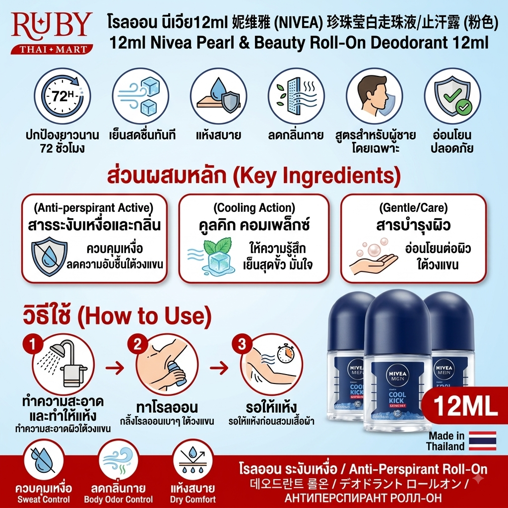 🔥 นีเวีย โรลออน เพิร์ล แอนด์ บิวตี้ (Nivea Pearl & Beauty Roll-On) 12ml - วงแขนกระจ่างใส เรียบเนียน ไซส์มินิ! 🔥 - Image 3