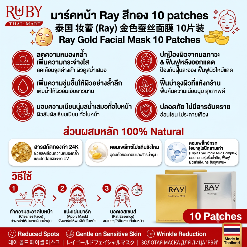 🔥 มาสก์หน้า เรย์ สีทอง (Ray Gold Facial Mask) 10 แผ่น - ผสมทองคำ ฟื้นฟูผิวกระจ่างใส กระชับรูขุมขน! 🔥