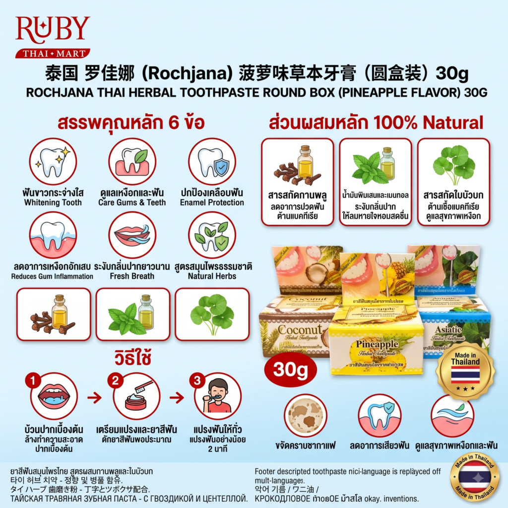 🔥 ยาสีฟันสมุนไพรแบบตลับ รจนา สูตรสับปะรด (Rochjana Pineapple Toothpaste) 30g - เอนไซม์ธรรมชาติ ขจัดคราบพลัค ฟันขาวใส! 🔥