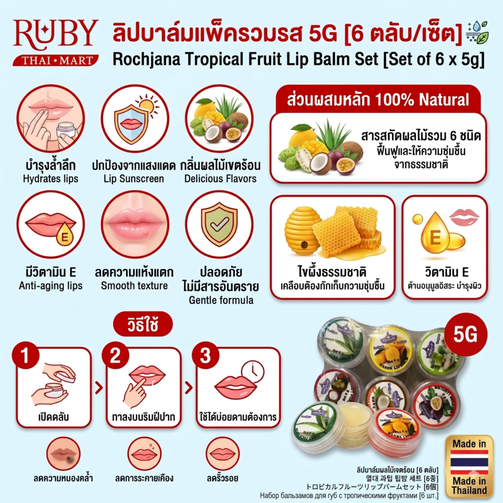 🔥 [แพ็ค 6 ตลับ] ลิปบาล์มสมุนไพร รจนา (Rochjana Lip Balm Set) 5g x 6 - รวมรสผลไม้ บำรุงริมฝีปากนุ่มชุ่มชื้น ไม่แห้งแตก! 🔥